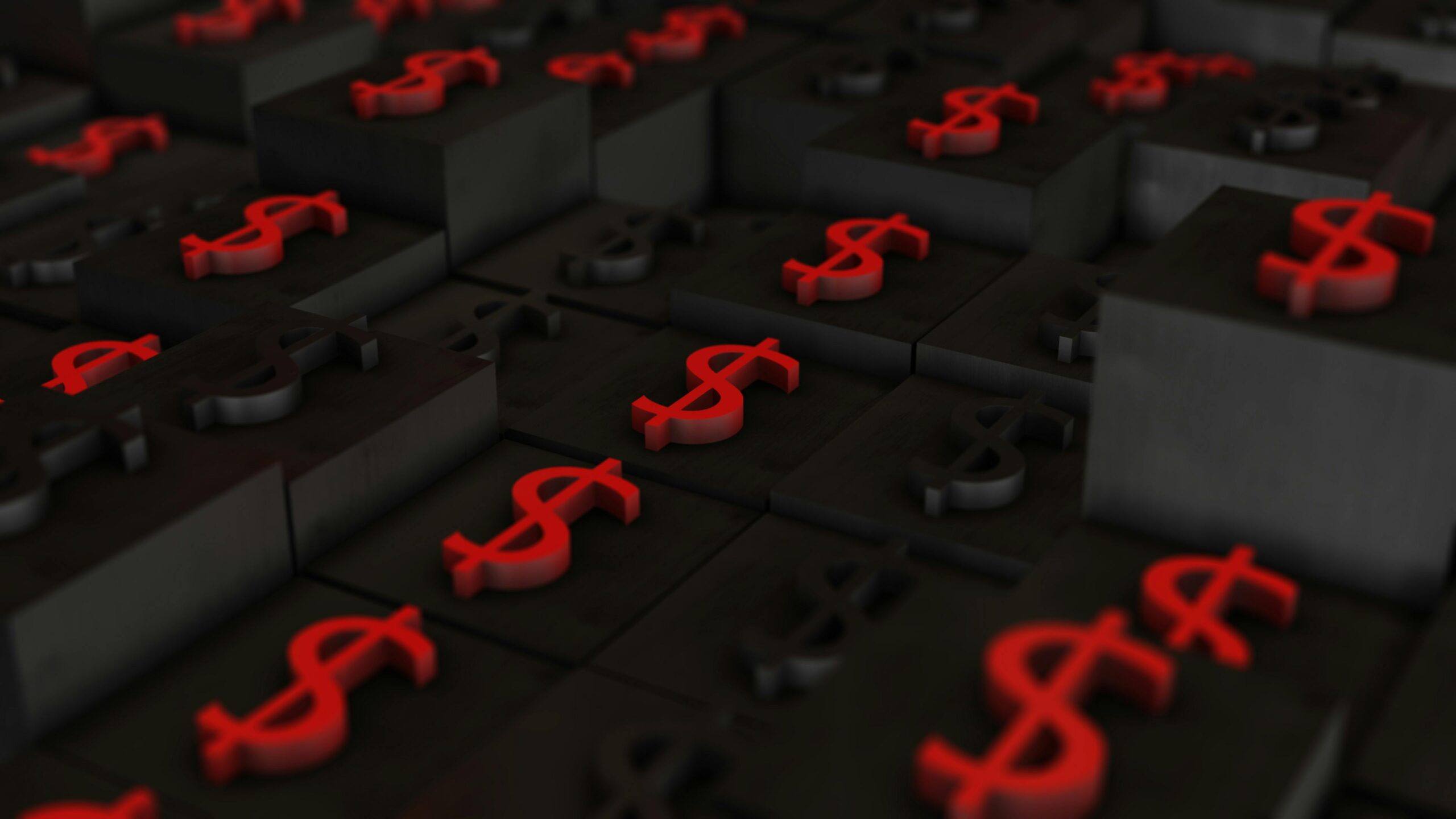 Abstract depiction of red dollar symbols on dark cubes, symbolizing financial concepts.