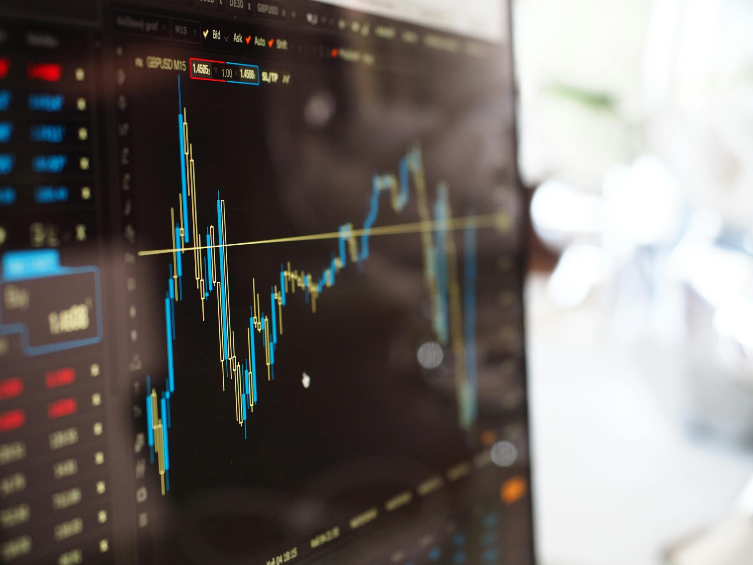 Detailed view of financial trading graphs on a monitor, illustrating stock market trends.